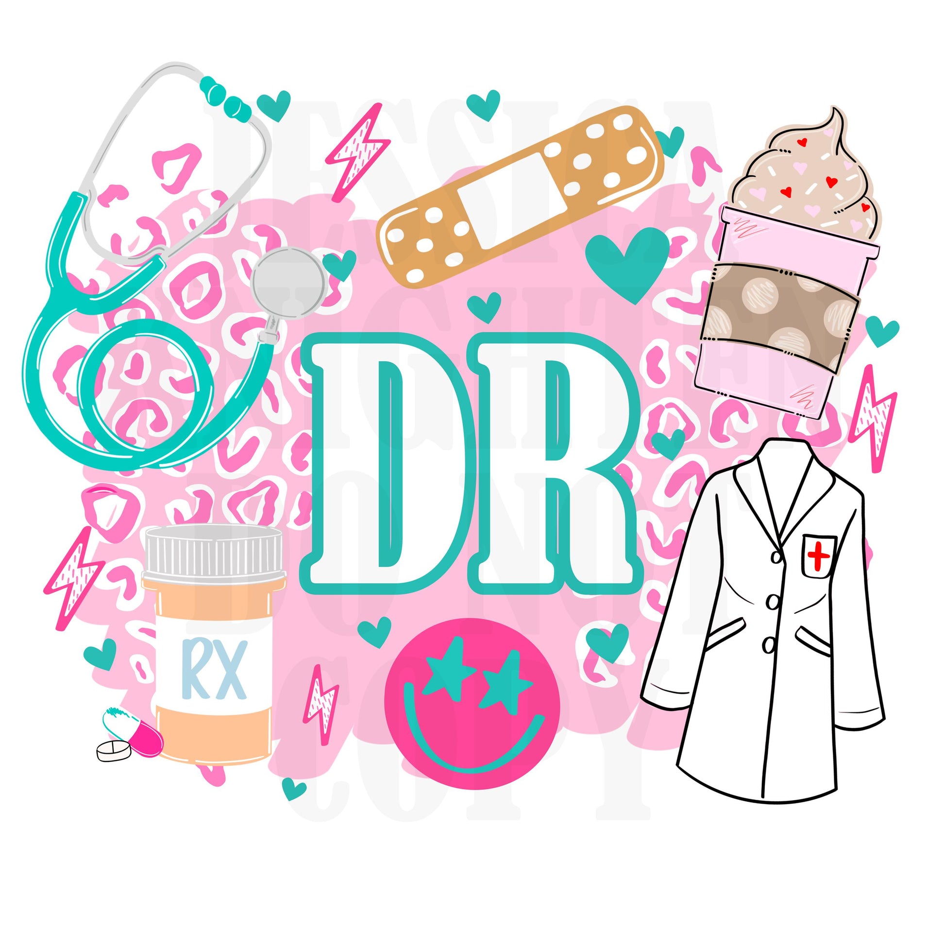 Doctor PNG Trendy Preppy Cheetah Pink Digital Shirt Print Dr Stethoscope Lab Coat RX Prescribe Doc Coffee