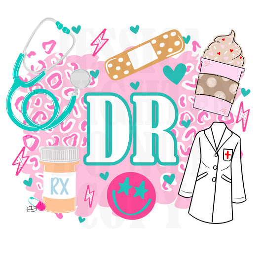 Doctor PNG Trendy Preppy Cheetah Pink Digital Shirt Print Dr Stethoscope Lab Coat RX Prescribe Doc Coffee