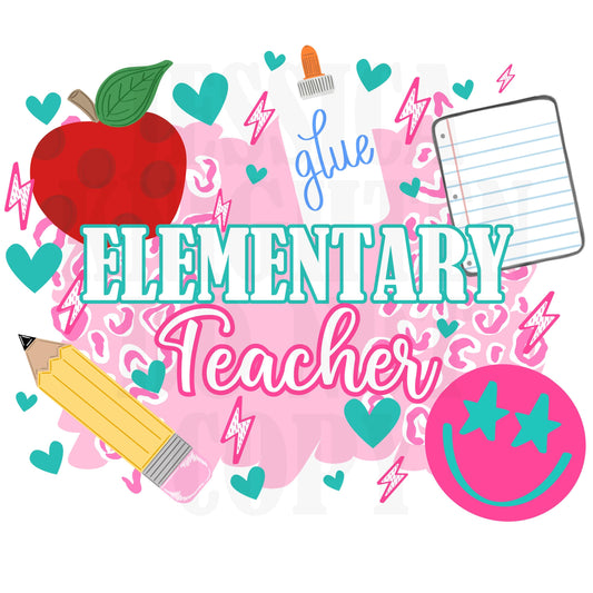 Elementary Teacher PNG Trendy Preppy Cheetah Pink Digital Shirt Print Trendy Teaching Little Minds Pencil Apple Notebook Glue Assistant