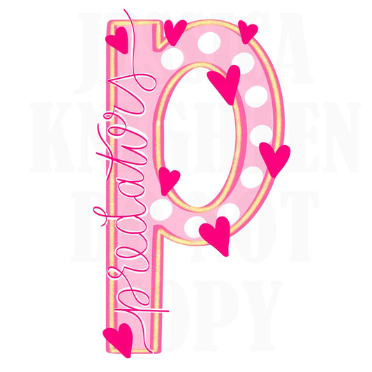 Predators Mascot Letter Preppy Pink Valentines Football Team Go PNG Sublimation File Glitter Gold DTF Print Digital Unique Trendy