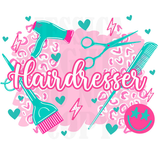 Hairdresser PNG Trendy Preppy Cheetah Pink Digital Shirt Print Trendy Hair Hustler Tint Brush Dryer Scissors Comb Cut Dry Color