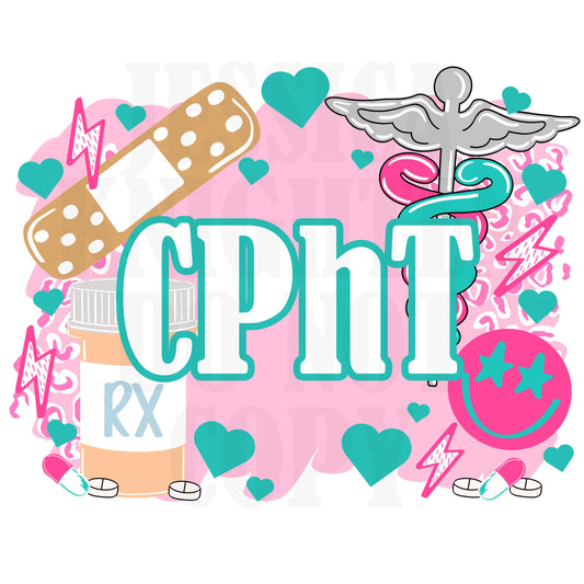 CPhT PNG Trendy Preppy Cheetah Pink Digital Shirt Print Pharmacy Tech RX Pharmacist Bandaid Pill Medicine Pharm Certified Squad Crew
