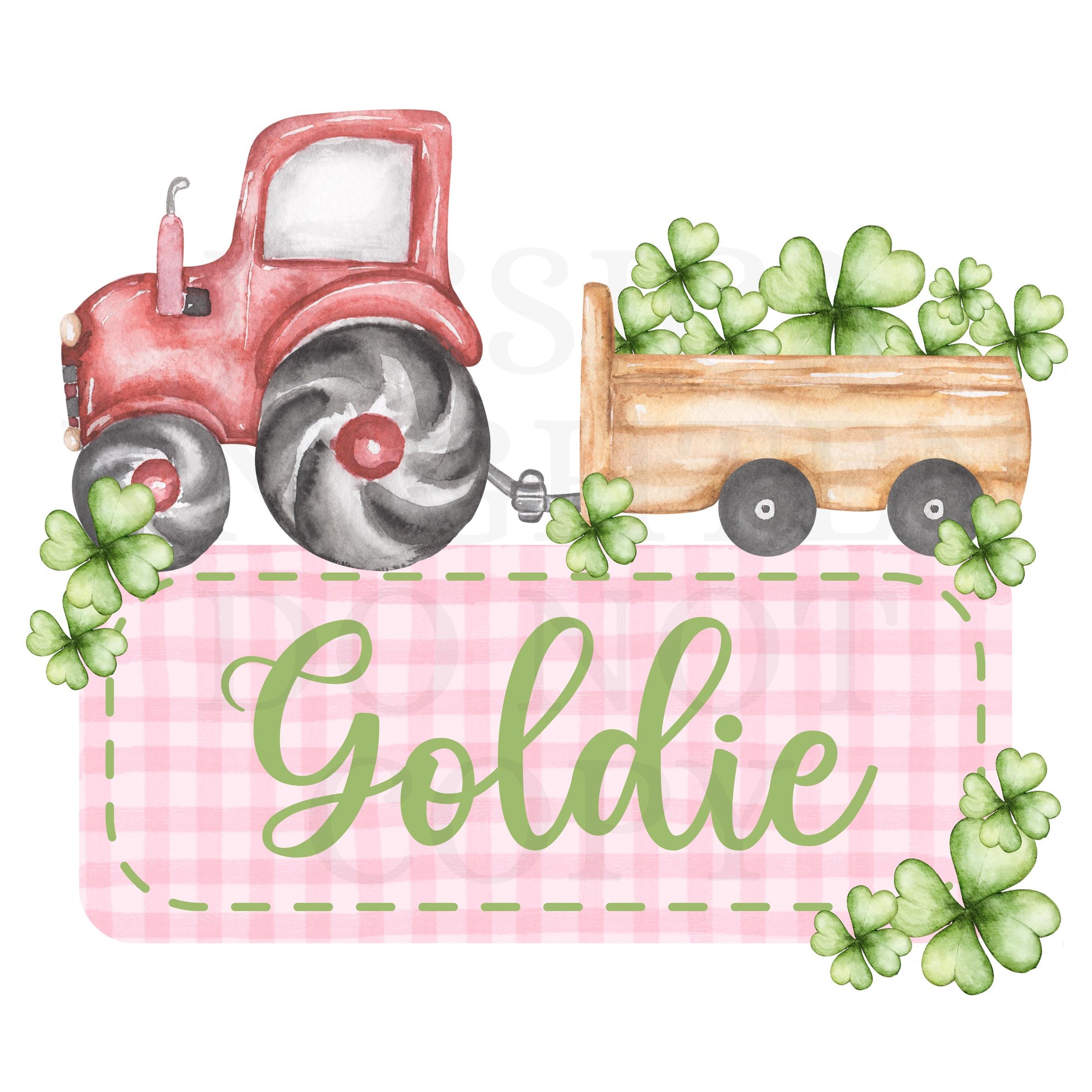 Tractor Digital Design Gingham Name Plate Kids Children Shirt PNG Personalized Sub Trendy Farmer St. Patty's Clover Irish St. Patrick's Day