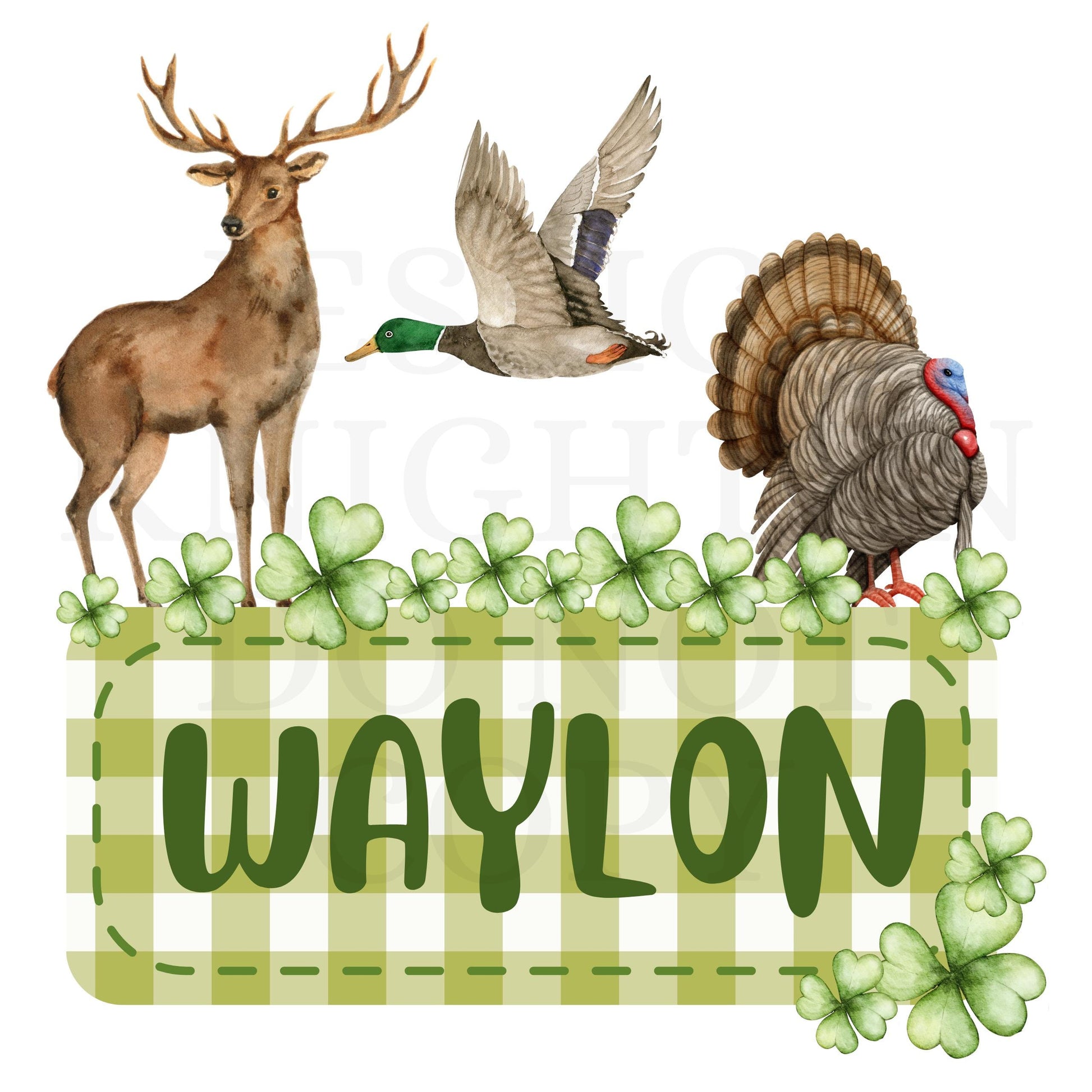 Hunting Digital Design Gingham Name Plate Kids Children Shirt PNG Personalized Sub Trendy Deer Turkey Duck St. Patty's Day Clover Irish