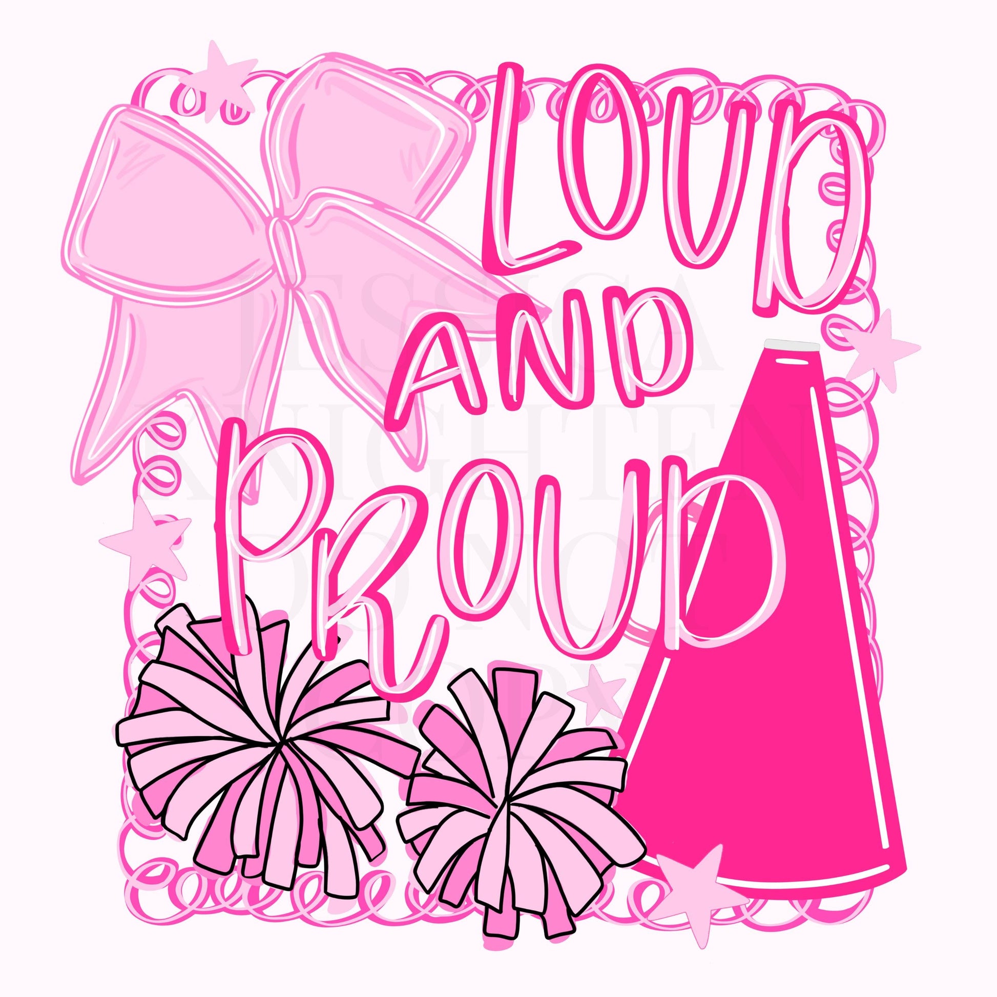 Cheer Hand Drawn Sublimation PNG Digital File Trendy Preppy Bow Coquette Girly Pink Cheerleader Pom Poms Megaphone Swirly Loud and Proud