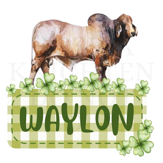 Bull Digital Design Gingham Name Plate Kids Children Shirt PNG Personalized Sub Trendy Brahman Cattle Cow St. Patty's Clover Green Irish