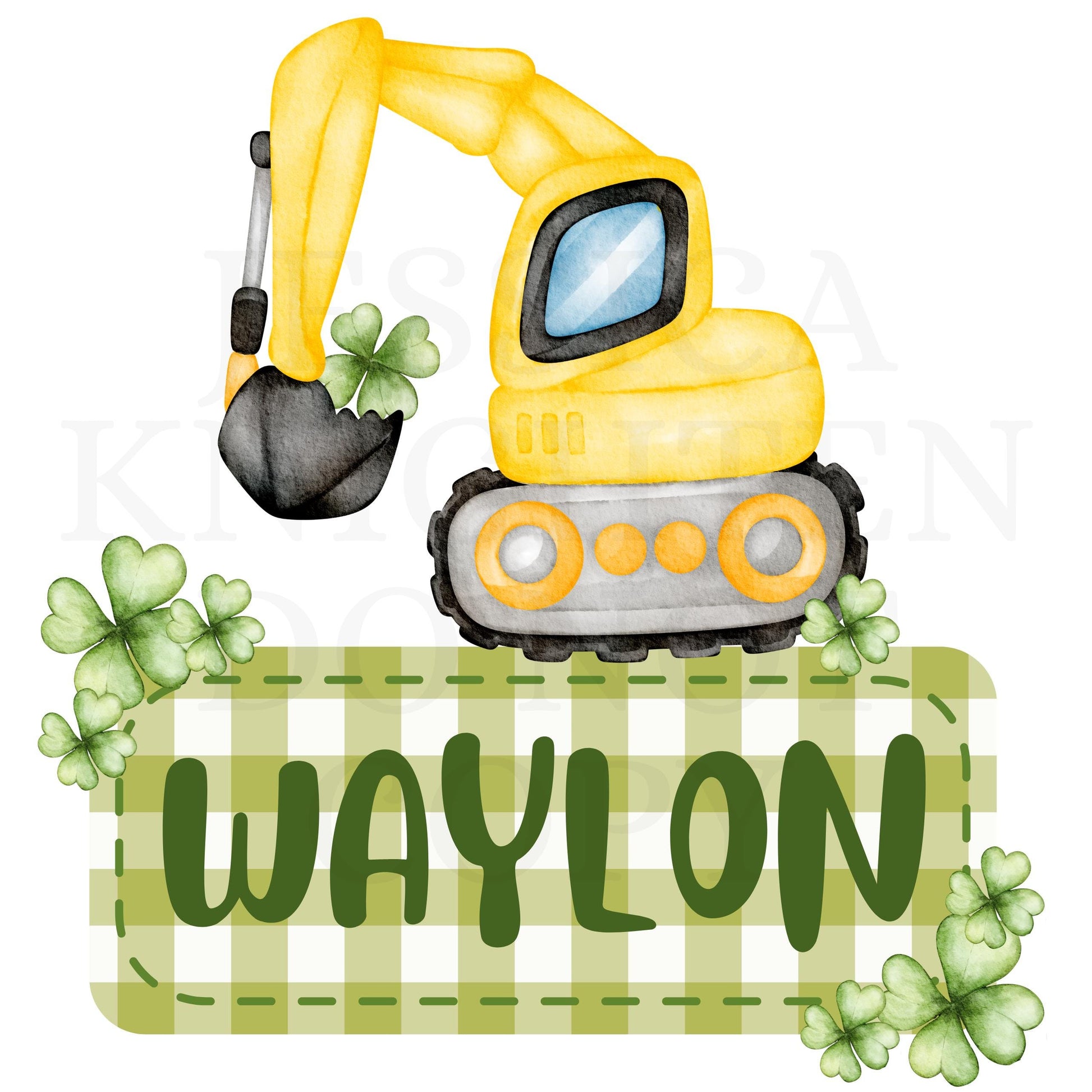 Excavator Digital Design Gingham Name Plate Kids Children Shirt PNG Personalized Sub Trendy Construction St. Patick's Irish Clover Patty's