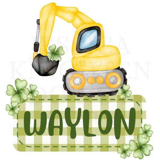 Excavator Digital Design Gingham Name Plate Kids Children Shirt PNG Personalized Sub Trendy Construction St. Patick's Irish Clover Patty's