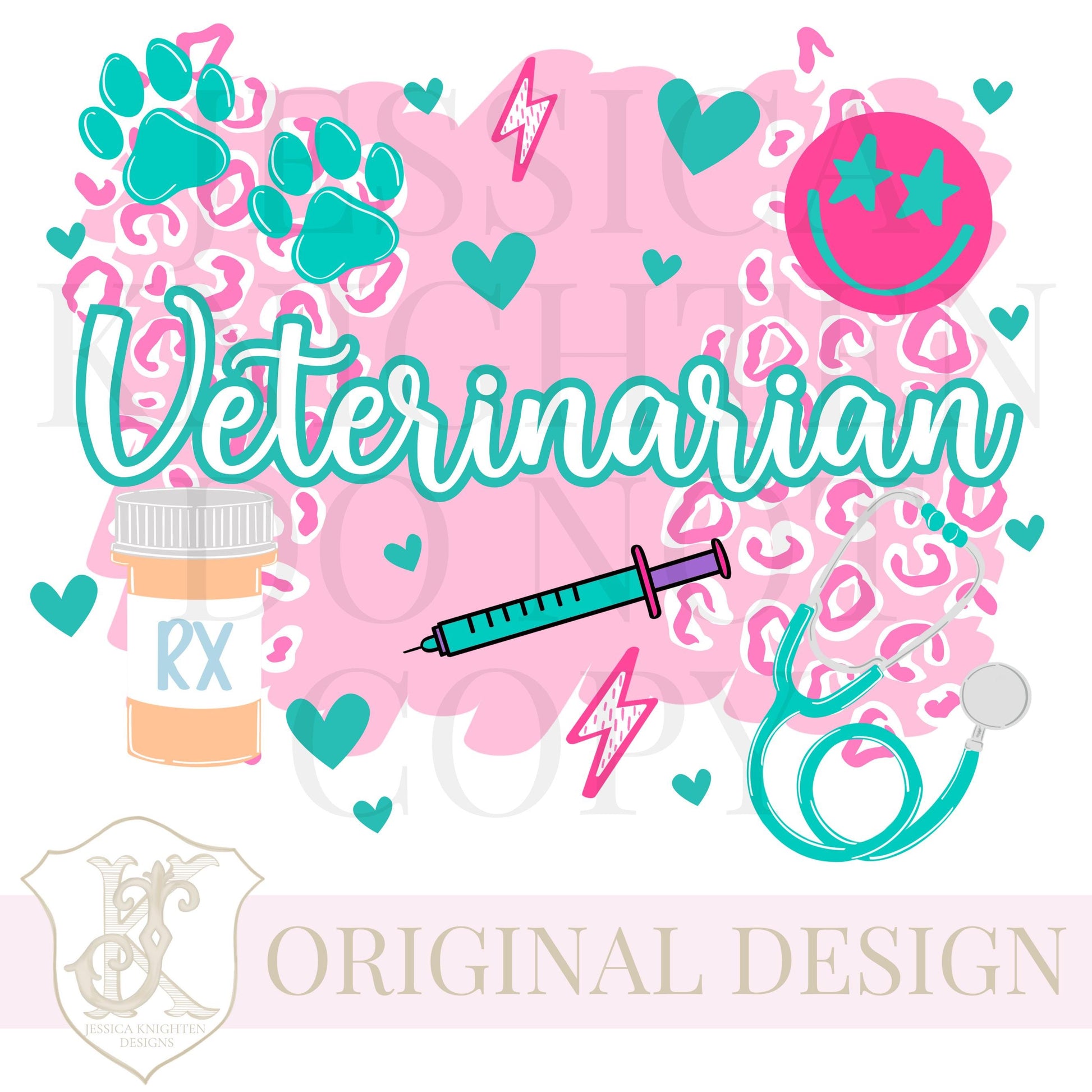 Veterinarian PNG Digital Sublimation DTF Vet Veterinary Medicine Preppy Pink Bow Cheetah Tech Assistant Paw Prints Working RX