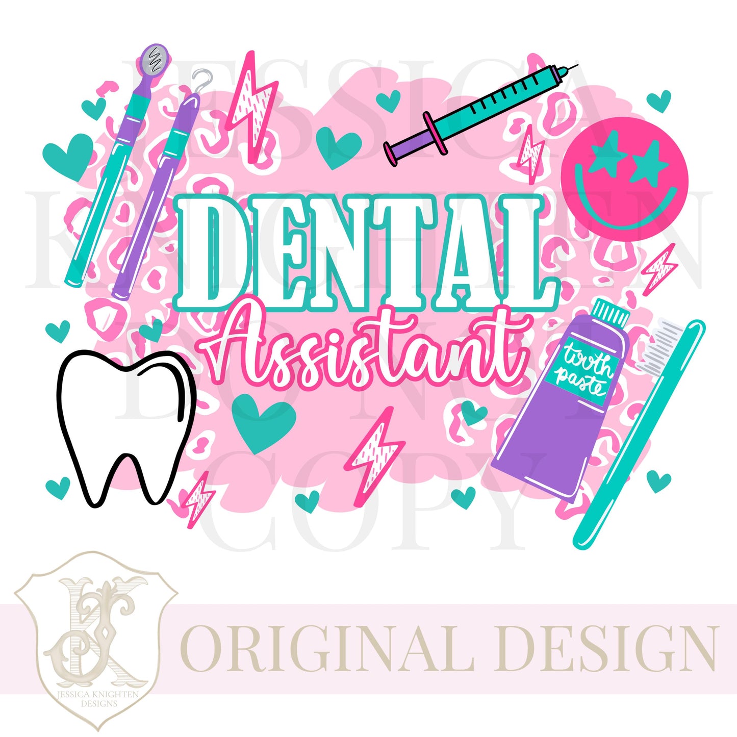 Dental Assistant PNG Trendy Preppy Cheetah Pink Digital Shirt Print Dentist Tooth Toothbrush Smiley Toothpaste Hygienist Teeth