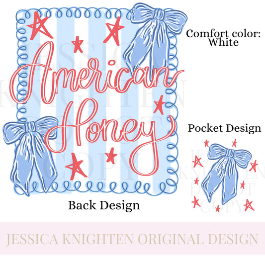 American Honey Flag Bows Coquette PNG Sublimation DTF Trendy Red White Blue Front Back Design USA Independence Fourth of July Memorial