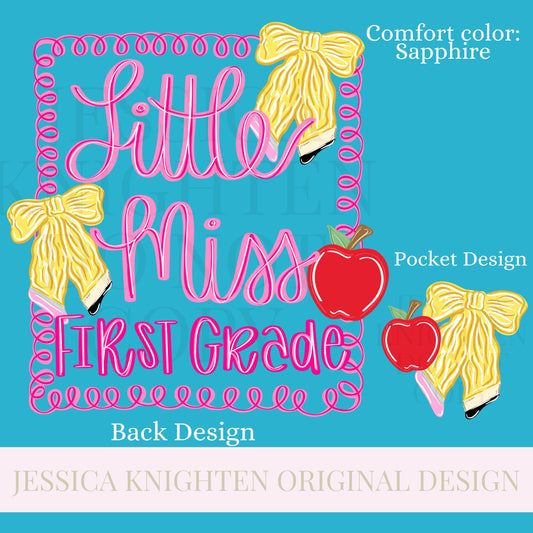 Little Miss First Grade PNG Digital Design Girly Swirly Trendy Pocket and Back Files Kid Design Pink Preppy Prep School End Beginning Pencil