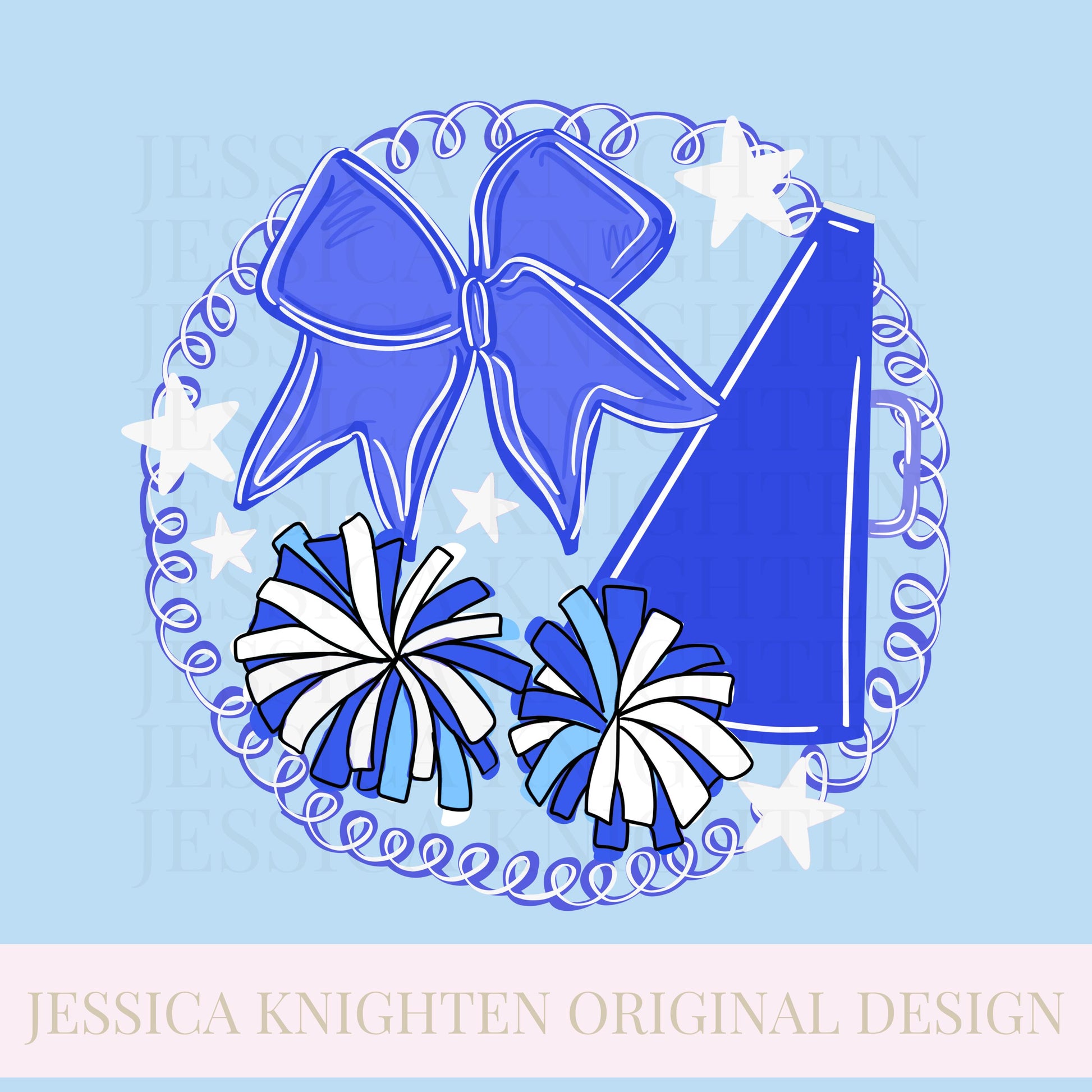 Cheer Hand Drawn Sublimation PNG Digital File Trendy Preppy Bow Coquette Girly blue Cheerleader Pom Poms Megaphone Swirly Loud and Proud