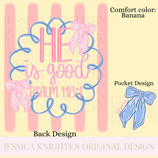 He is Good My Jesus Stripe PNG Digital Design Girly Swirly Trendy Pocket and Back Files Kid Design Women Pink Preppy Bow Coquette Prep Print