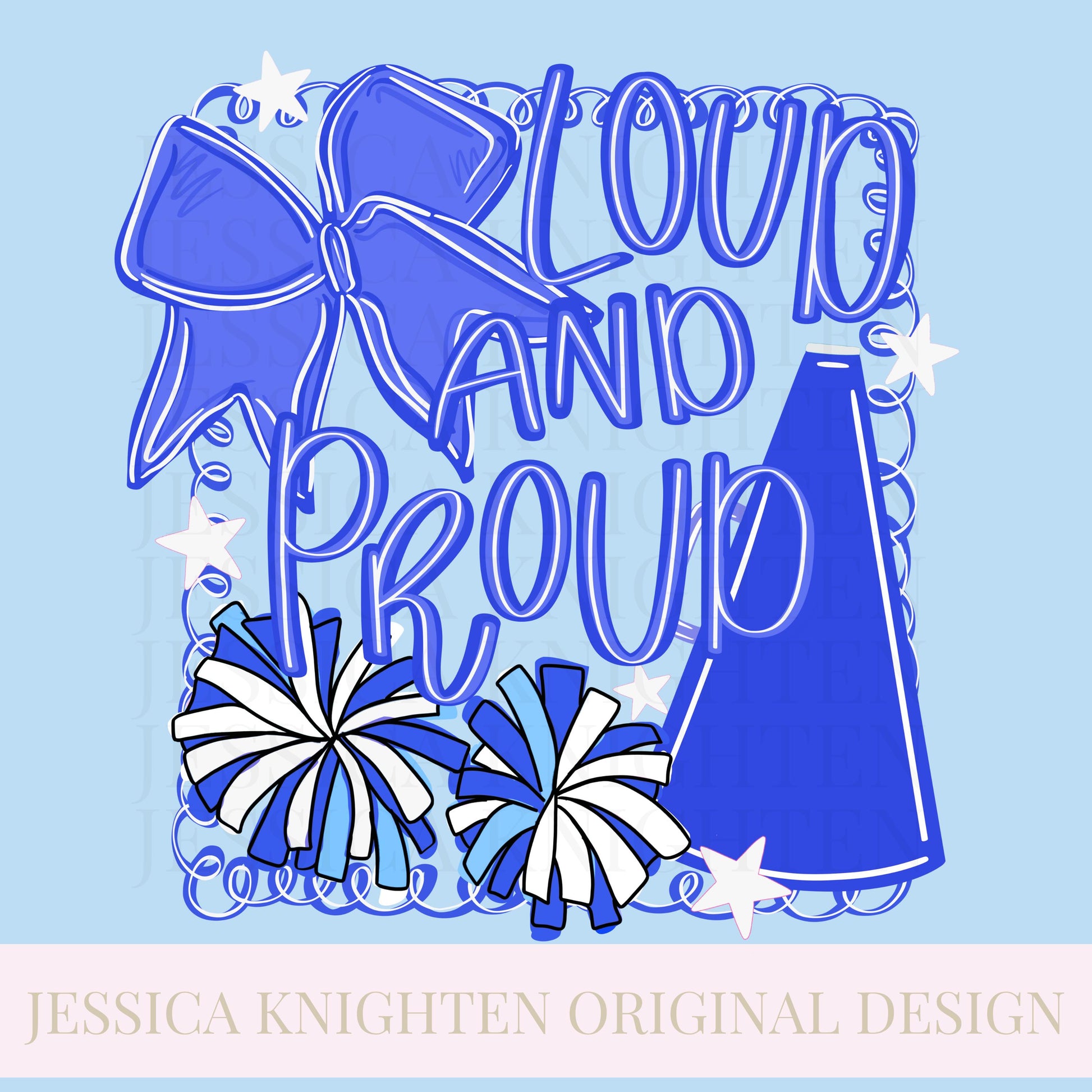 Cheer Hand Drawn Sublimation PNG Digital File Trendy Preppy Bow Coquette Girly Blue Cheerleader Pom Poms Megaphone Swirly Loud and Proud