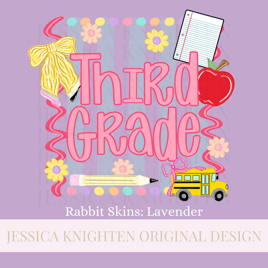 Third Grade PNG Digital Design Girly Swirly Trendy Back to School Files Kid Design Pink Preppy Prep School End Beginning Pencil Teach Learn