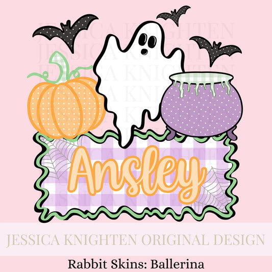 Name Block Halloween PNG Digital Design Trendy File Kid Design Children Prep Girly Plate Front Ghost Gingham Preppy Pink Candy Pumpkin Boy