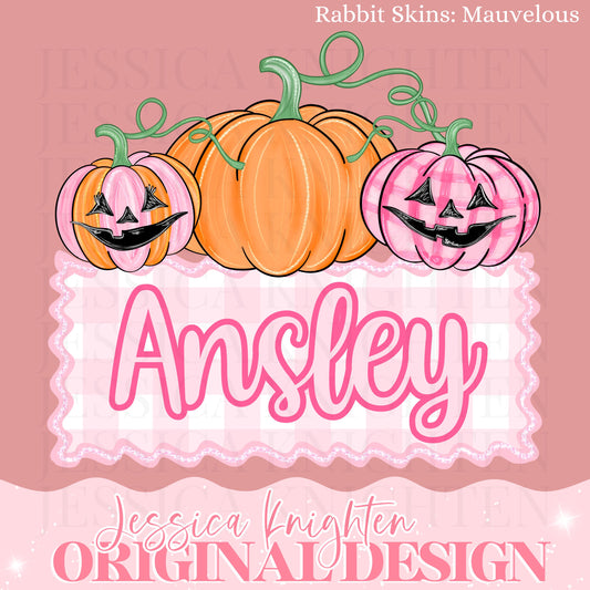Name Block Preppy Pink PNG Digital Design Trendy File Kid Design Children Prep Plate Gingham Stripe Jack-O-Lantern Pumpkin Halloween Custom