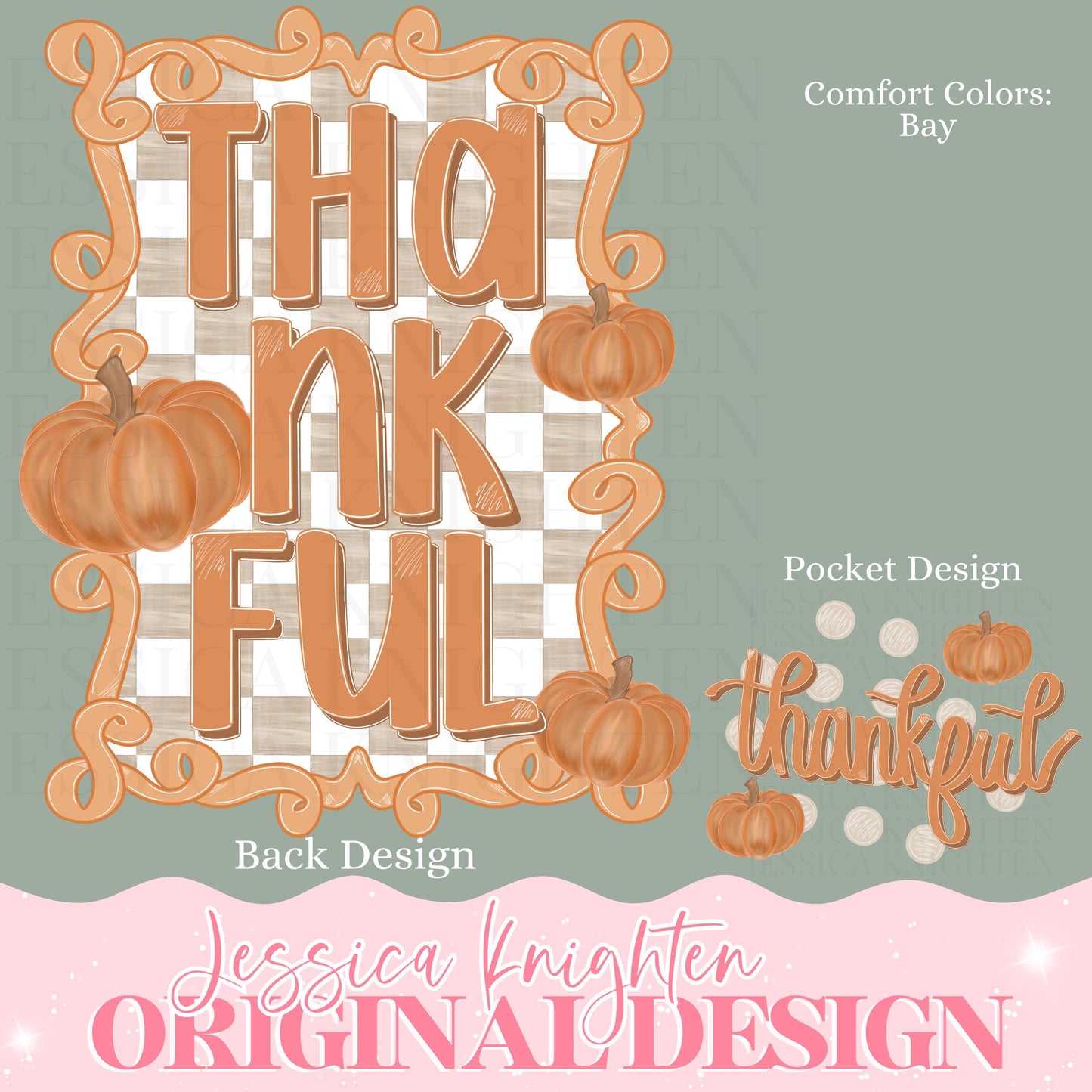Thankful Fall Thanksgiving PNG Digital Design Trendy File Kid Adult Design Prep Girly Front Back Gingham Preppy Checker Watercolor Pumpkin