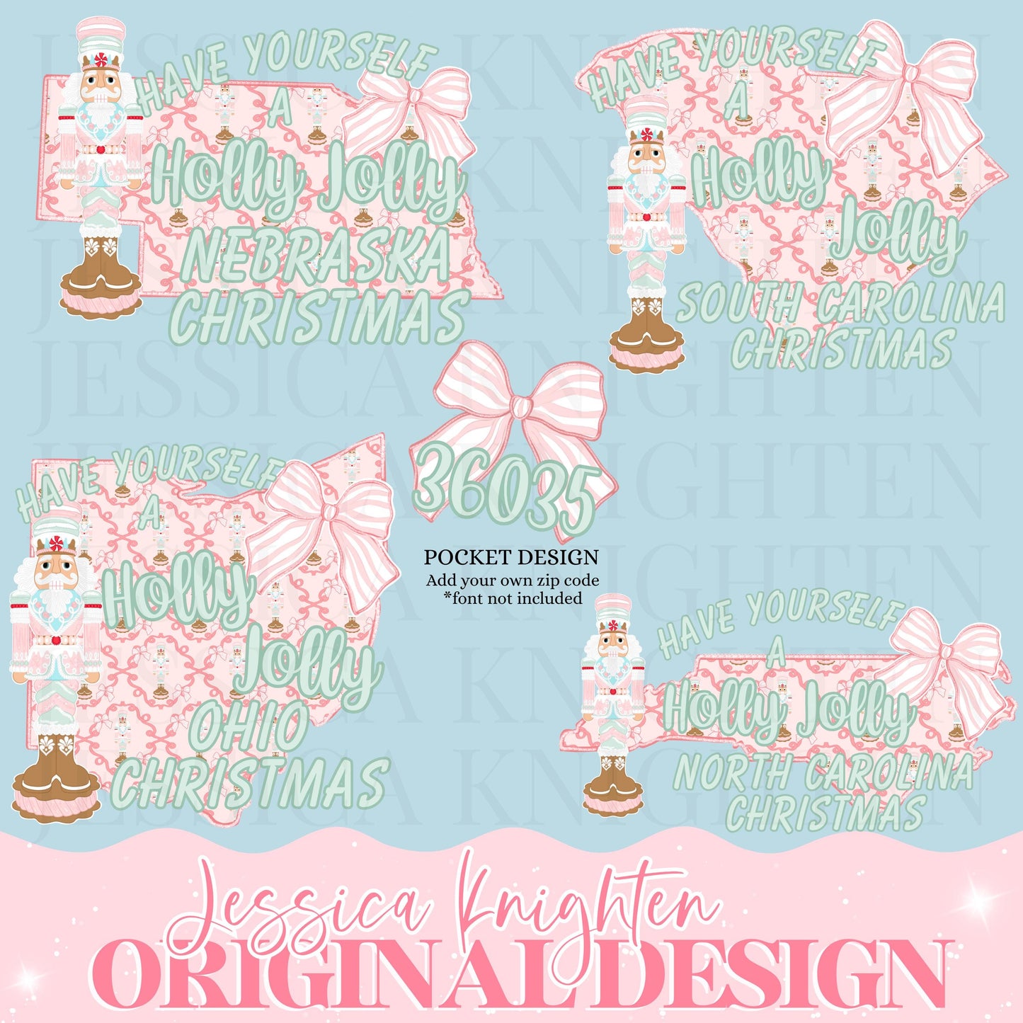 23 STATE BUNDLE Wishing you a holly jolly Christmas Design Trendy Preppy Coquette Nutcracker Zip Code Crest Stripe Pink Glitter Print PNG