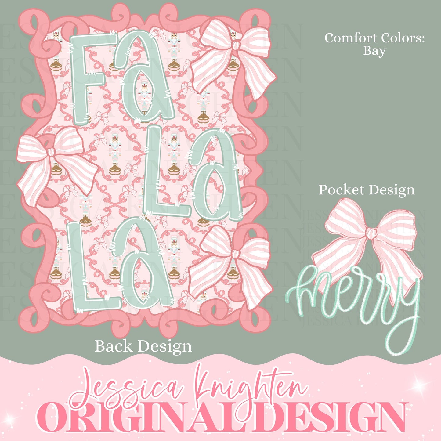 Sugar Plum Coquette Collection FA LA LA Front Back Design Trendy Pink Preppy Nutcracker Crest Bow Jolly Merry Stripe Print Png Hand Drawn