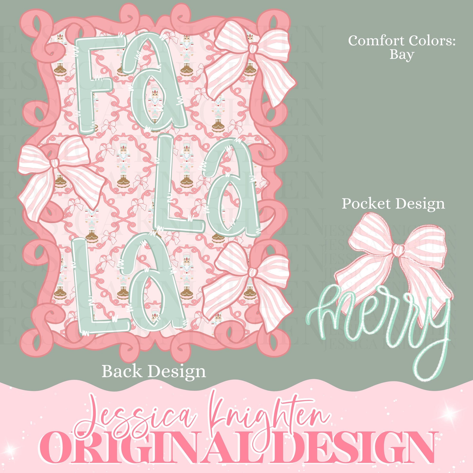 Sugar Plum Coquette Collection FA LA LA Front Back Design Trendy Pink Preppy Nutcracker Crest Bow Jolly Merry Stripe Print Png Hand Drawn
