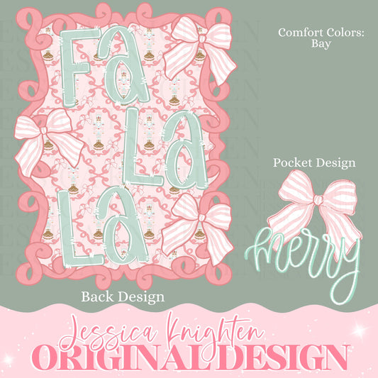 Sugar Plum Coquette Collection FA LA LA Front Back Design Trendy Pink Preppy Nutcracker Crest Bow Jolly Merry Stripe Print Png Hand Drawn