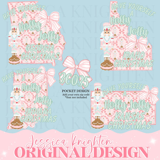 23 STATE BUNDLE Wishing you a holly jolly Christmas Design Trendy Preppy Coquette Nutcracker Zip Code Crest Stripe Pink Glitter Print PNG