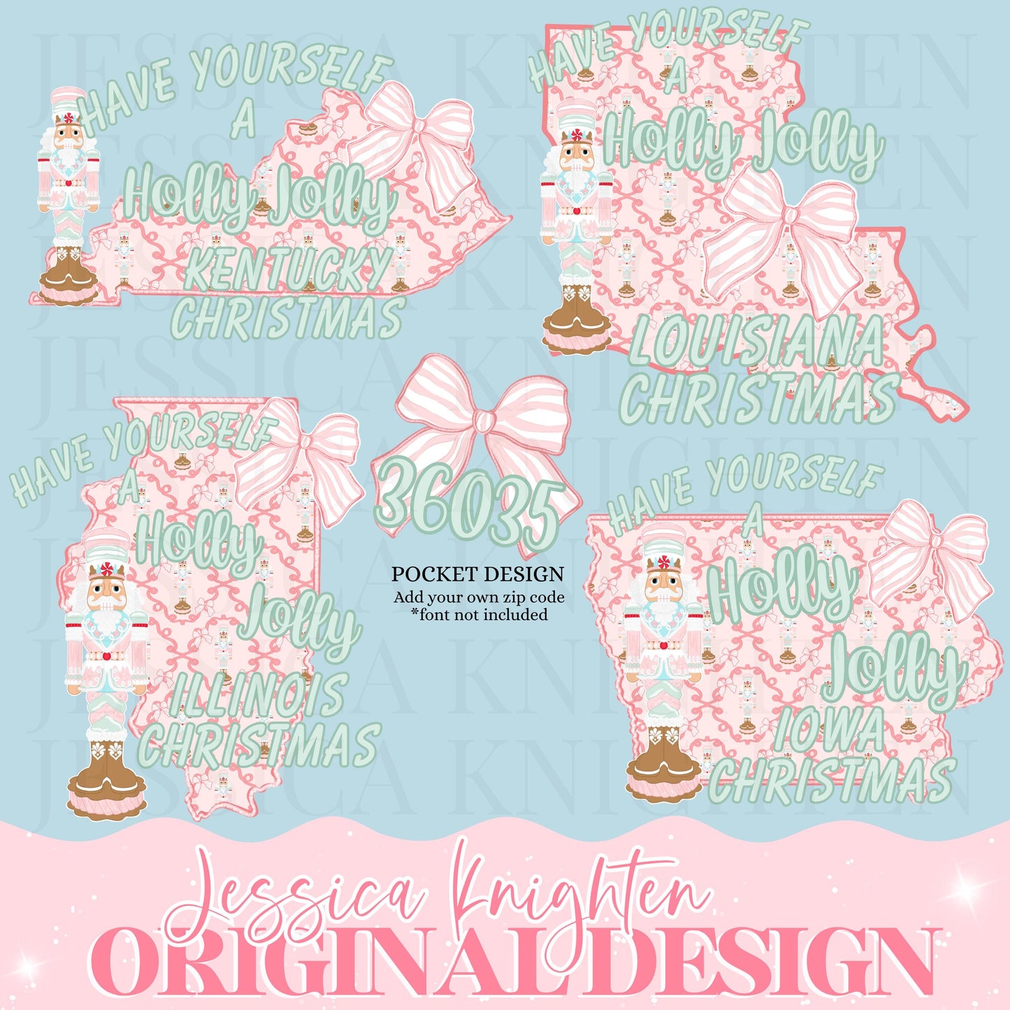23 STATE BUNDLE Wishing you a holly jolly Christmas Design Trendy Preppy Coquette Nutcracker Zip Code Crest Stripe Pink Glitter Print PNG