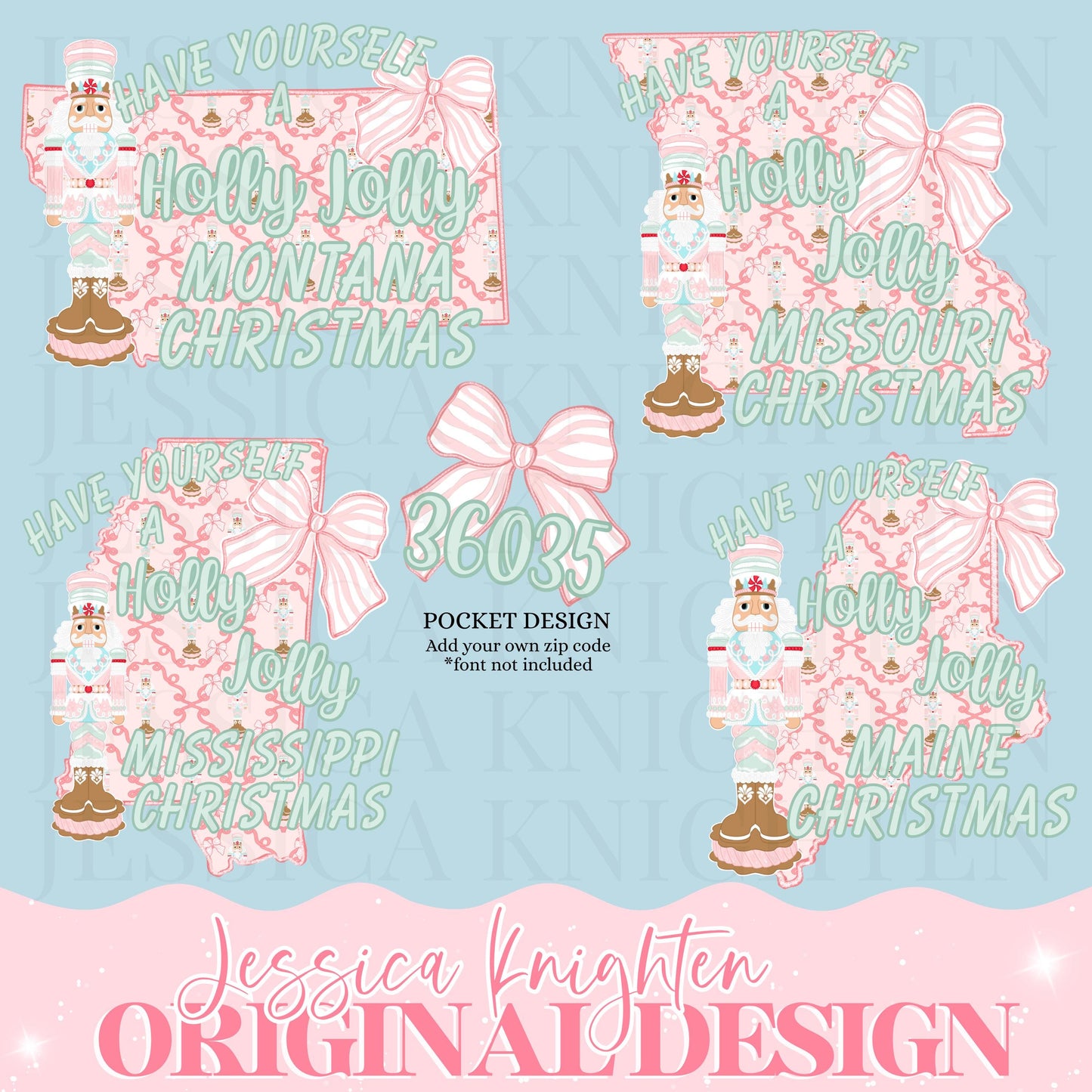 23 STATE BUNDLE Wishing you a holly jolly Christmas Design Trendy Preppy Coquette Nutcracker Zip Code Crest Stripe Pink Glitter Print PNG