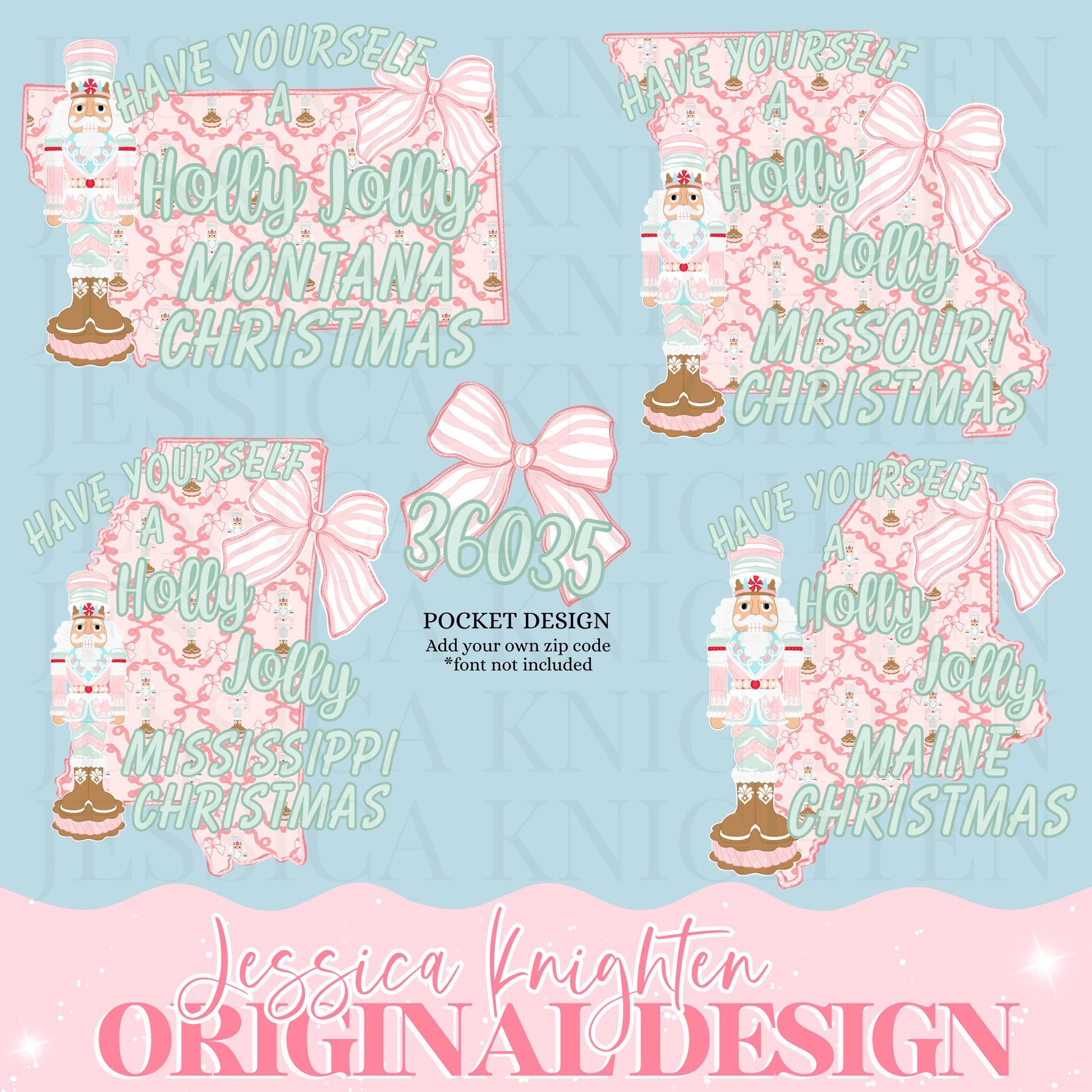 23 STATE BUNDLE Wishing you a holly jolly Christmas Design Trendy Preppy Coquette Nutcracker Zip Code Crest Stripe Pink Glitter Print PNG