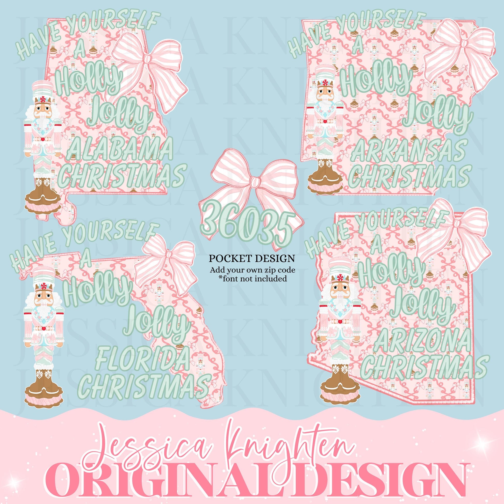 23 STATE BUNDLE Wishing you a holly jolly Christmas Design Trendy Preppy Coquette Nutcracker Zip Code Crest Stripe Pink Glitter Print PNG