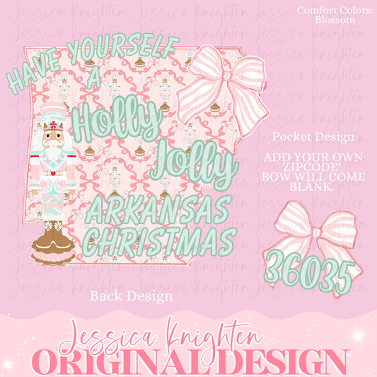 Holly Jolly Arkansas Christmas Bow Pink Trendy PNG Preppy Tree Santa Candy Cane Merry Bright Coquette Preppy Nutcracker Crest Pink Zipcode