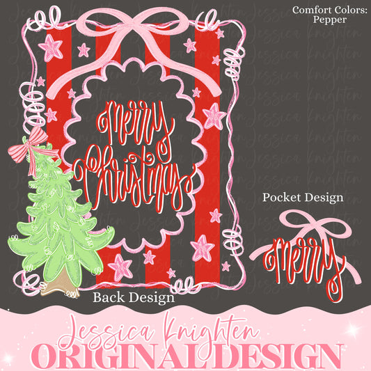 Pink Santa Bow Coquette Glitter Name Plate Design Trendy Pink Preppy Nutcracker Crest Bow Jolly Merry Stripe Print Png Christmas Stripes