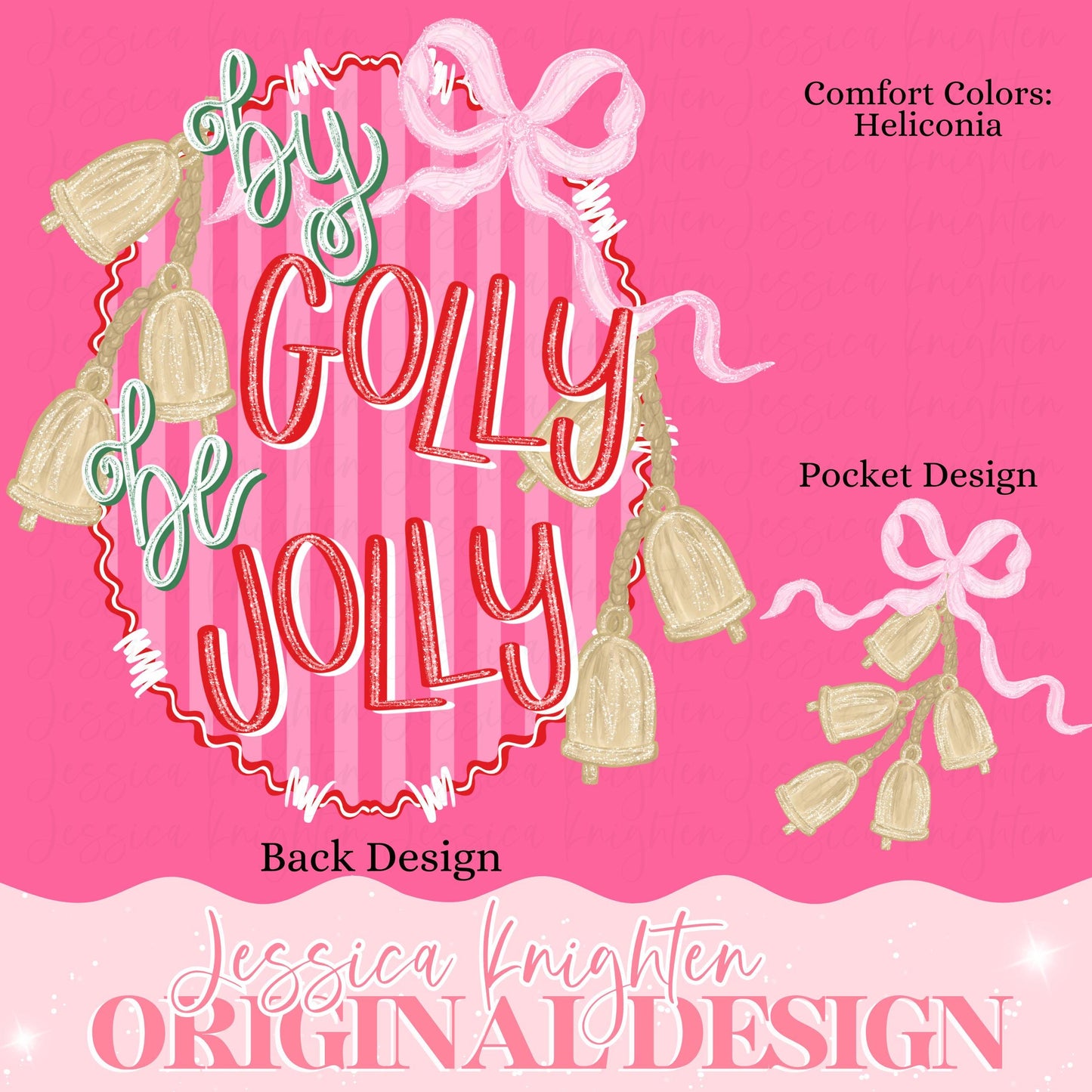 By Golly Be Jolly Bow Christmas Tree PNG Hand Drawn TrendyMerry Bright Holly Glitter Sparkle Star Front Back Design Trendy Pink Coquette
