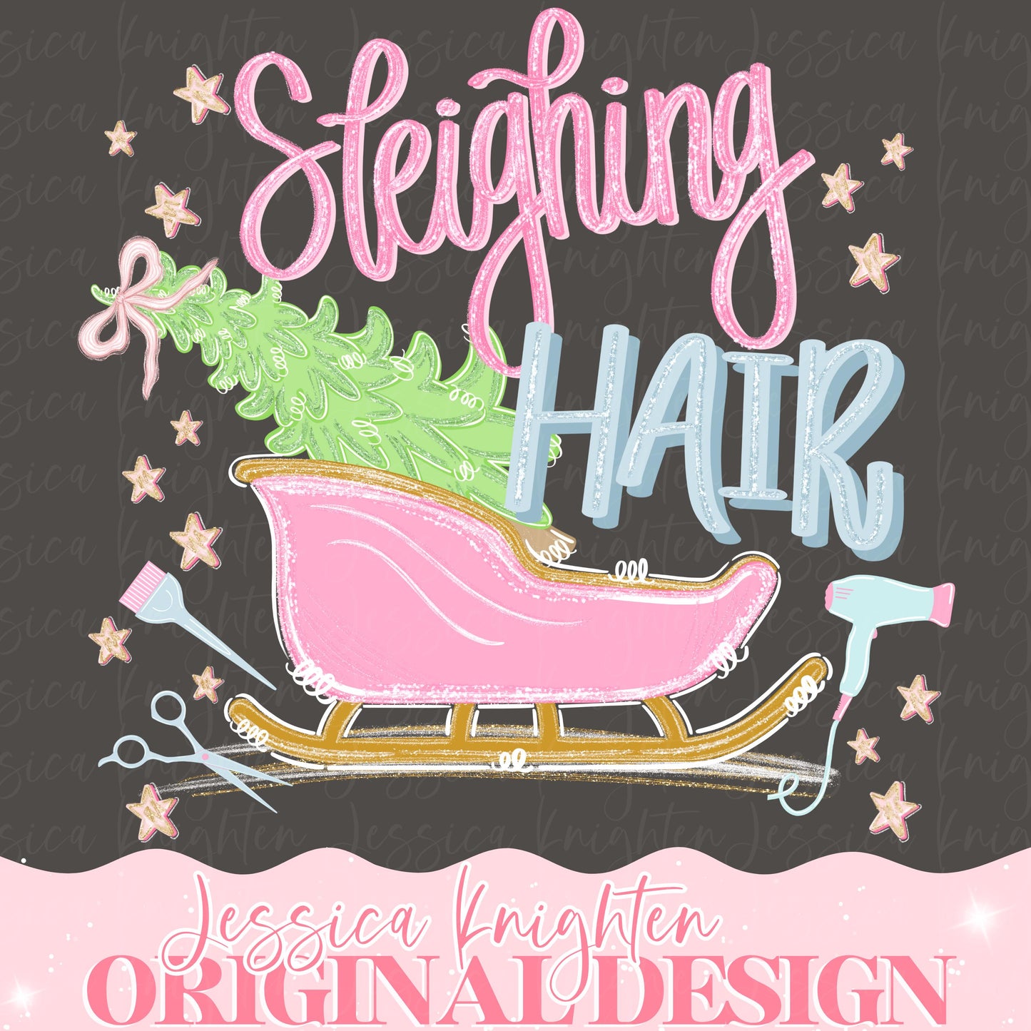 Preppy Sleighing Hair Christmas PNG Hand Drawn Trendy Jolly Merry Bright Holly Checker Nutcracker Whimsy Tree Digital Glitter