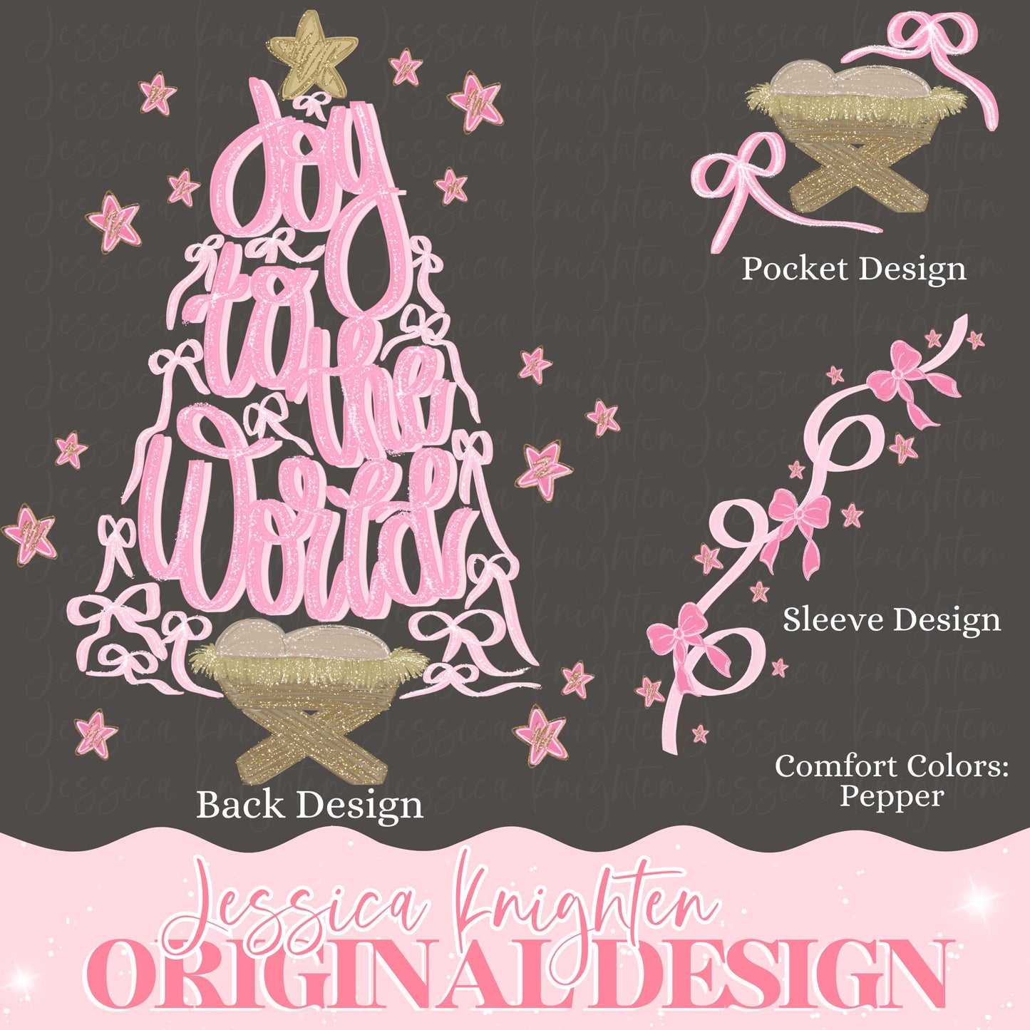Joy to the World Bow Christmas Tree PNG Jesus Christ Trendy Merry Bright Holly Glitter Sparkle Star Front Back Design Trendy Pink Coquette