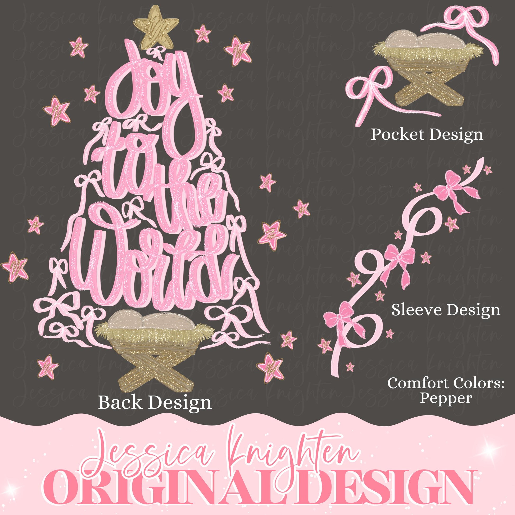 Joy to the World Bow Christmas Tree PNG Jesus Christ Trendy Merry Bright Holly Glitter Sparkle Star Front Back Design Trendy Pink Coquette
