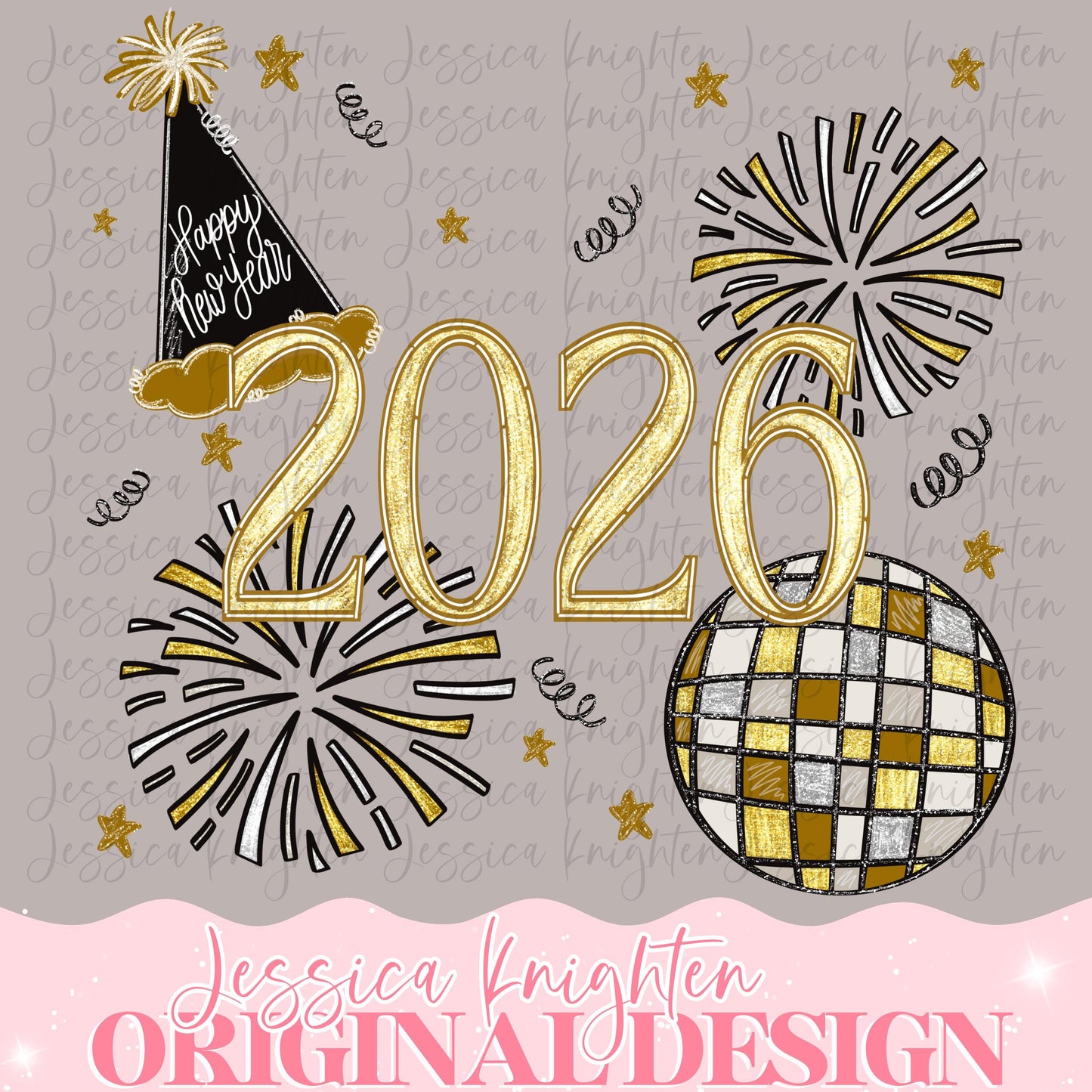 New Years Eve Sublimation PNG Design Hand Drawn Happy New Year Shirt Design Trendy Print Top Hat NYE Celebrate 2026 Preppy Glitter