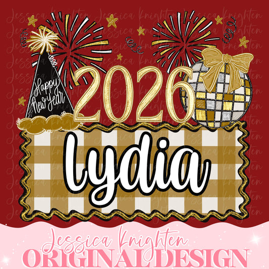 New Year Eve Sublimation PNG Design Hand Drawn Happy New Year Shirt Bow Coquette Glitter Name Plate Design Trendy Preppy Print Custom NYE