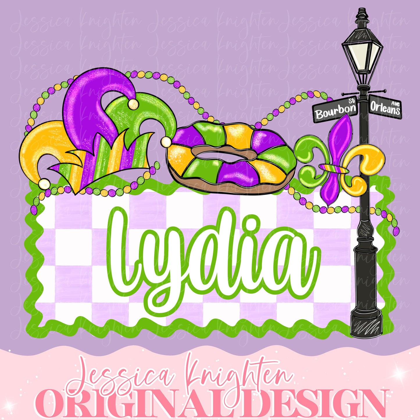Mardi Gras Hand Drawn PNG Party Digital Download Name Plate Custom Bourbon St Beads Mister Fleur De Lis King Cake Trendy Glitter Preppy