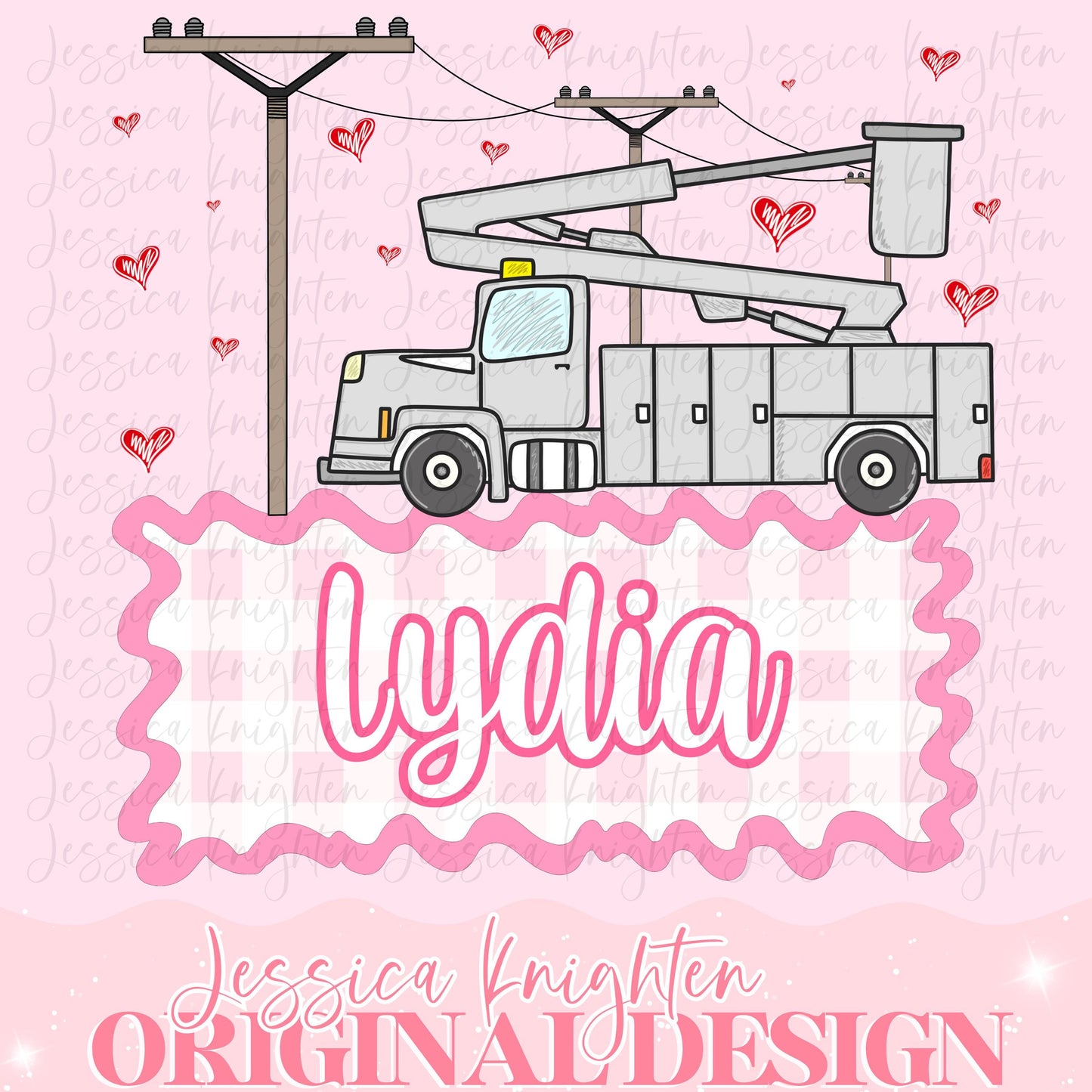 Lineman Girls Valentines Design Heart Gingham Name Plate Love Kids Children Shirt PNG Personalized Sub Trendy XoXo Powerline Blue Collar