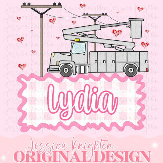 Lineman Girls Valentines Design Heart Gingham Name Plate Love Kids Children Shirt PNG Personalized Sub Trendy XoXo Powerline Blue Collar