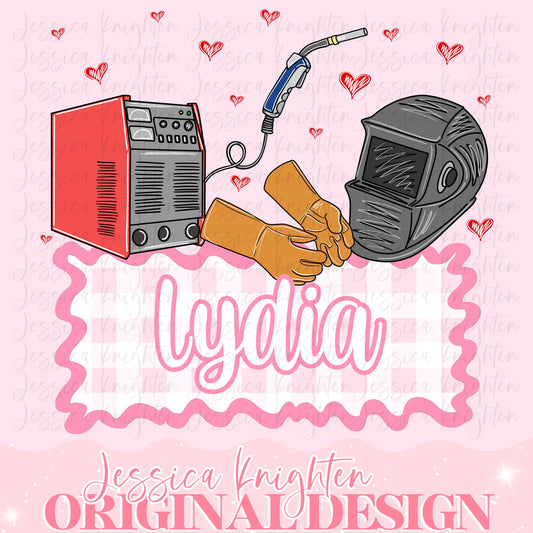 Welder Girls Valentines Design Heart Gingham Name Plate Love Kids Children Shirt PNG Personalized Sub Trendy XoXo Powerline Blue Collar