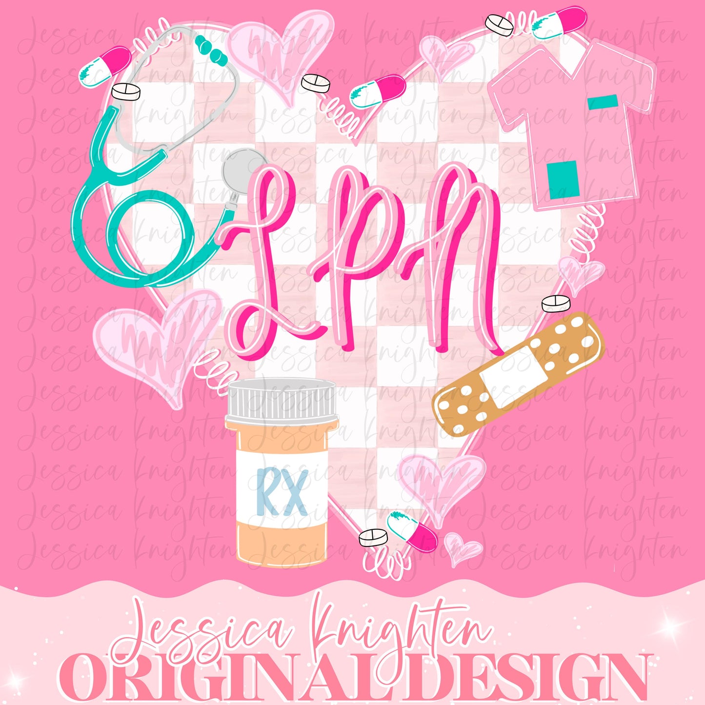 LPN Digital Lips Preppy Valentines PNG Pink XOXO Love Transparent Shirt Design Trendy Rx Coat Lab Bandaid Nurse Scrubs