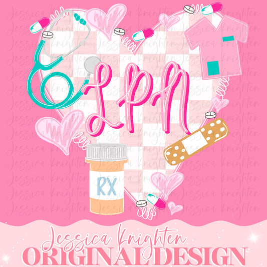 LPN Digital Lips Preppy Valentines PNG Pink XOXO Love Transparent Shirt Design Trendy Rx Coat Lab Bandaid Nurse Scrubs