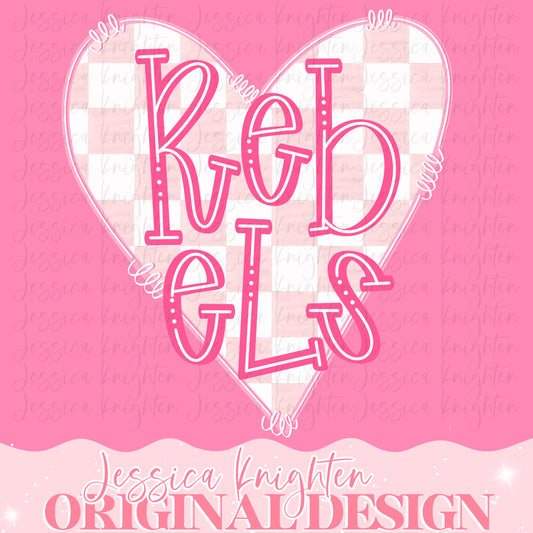 Rebels Mascot Letter Preppy Pink Valentines Football Team Go PNG Sublimation File Glitter Gold DTF Print Digital Unique Trendy Checkered