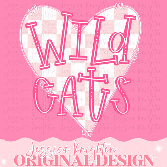 Wildcats Mascot Letter Preppy Pink Valentines Football Team Go PNG Sublimation File Glitter Gold DTF Print Digital Unique Trendy Checkered
