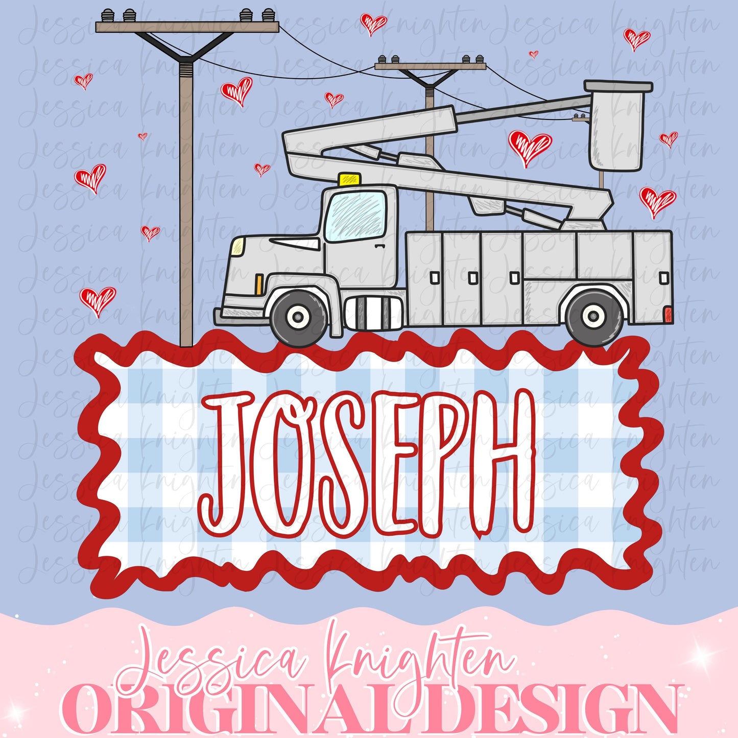 Lineman Boys Valentines Design Heart Gingham Name Plate Love Kids Children Shirt PNG Personalized Sub Trendy XoXo Powerline Blue Collar