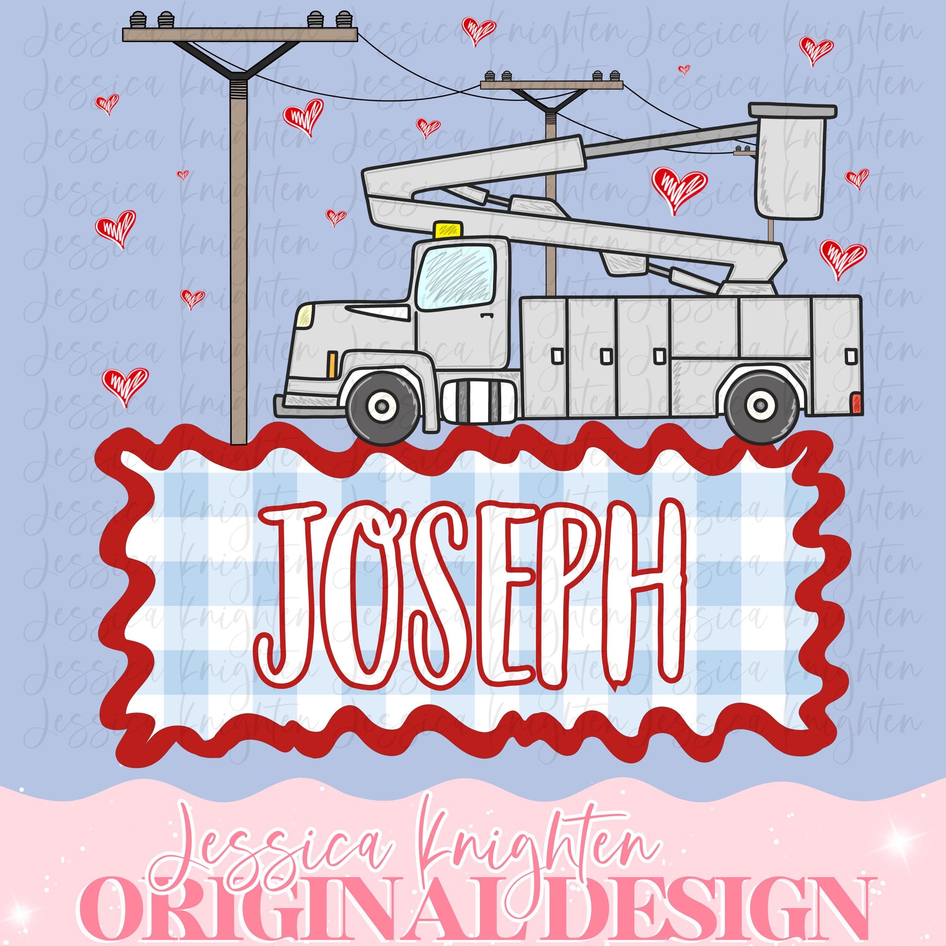 Lineman Boys Valentines Design Heart Gingham Name Plate Love Kids Children Shirt PNG Personalized Sub Trendy XoXo Powerline Blue Collar